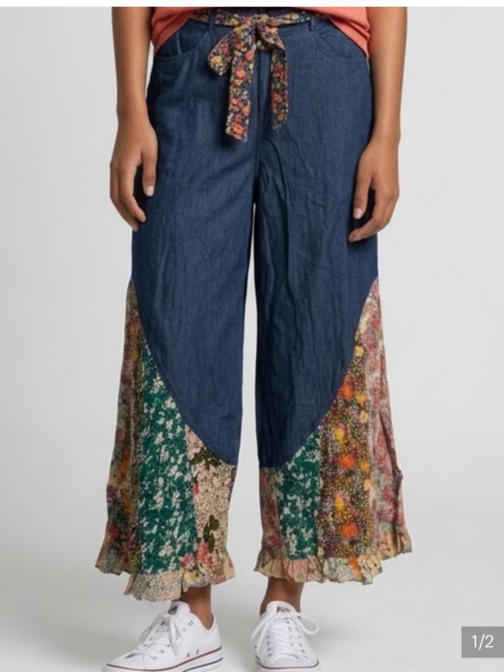 NWT Young Threads Boho Patchwork Wide-Leg Jeans - Navy Floral